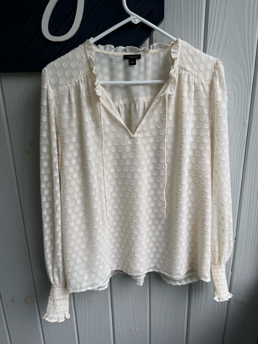 LOFT Cream Textured Dot Long-Sleeve Blouse